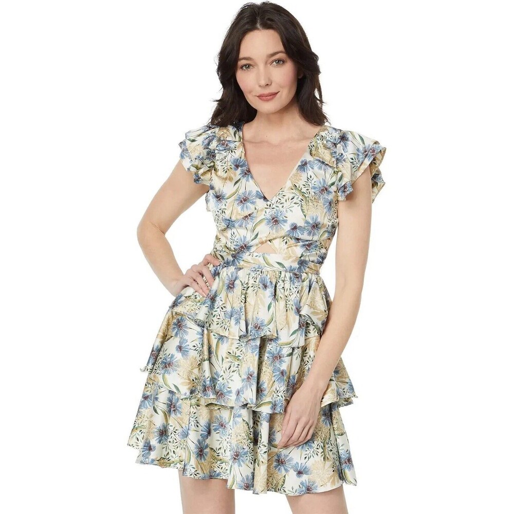 En Saison Dahlia Floral Tiered Cap Sleeve Back Cutout Mini Dress Medium New